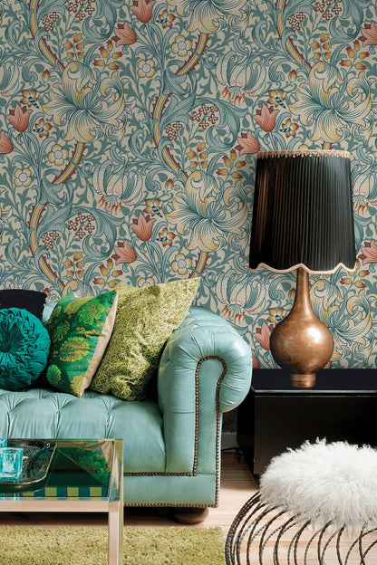 Vintage Floral Wallpaper Teal Scrollwork Pattern Wall Mural