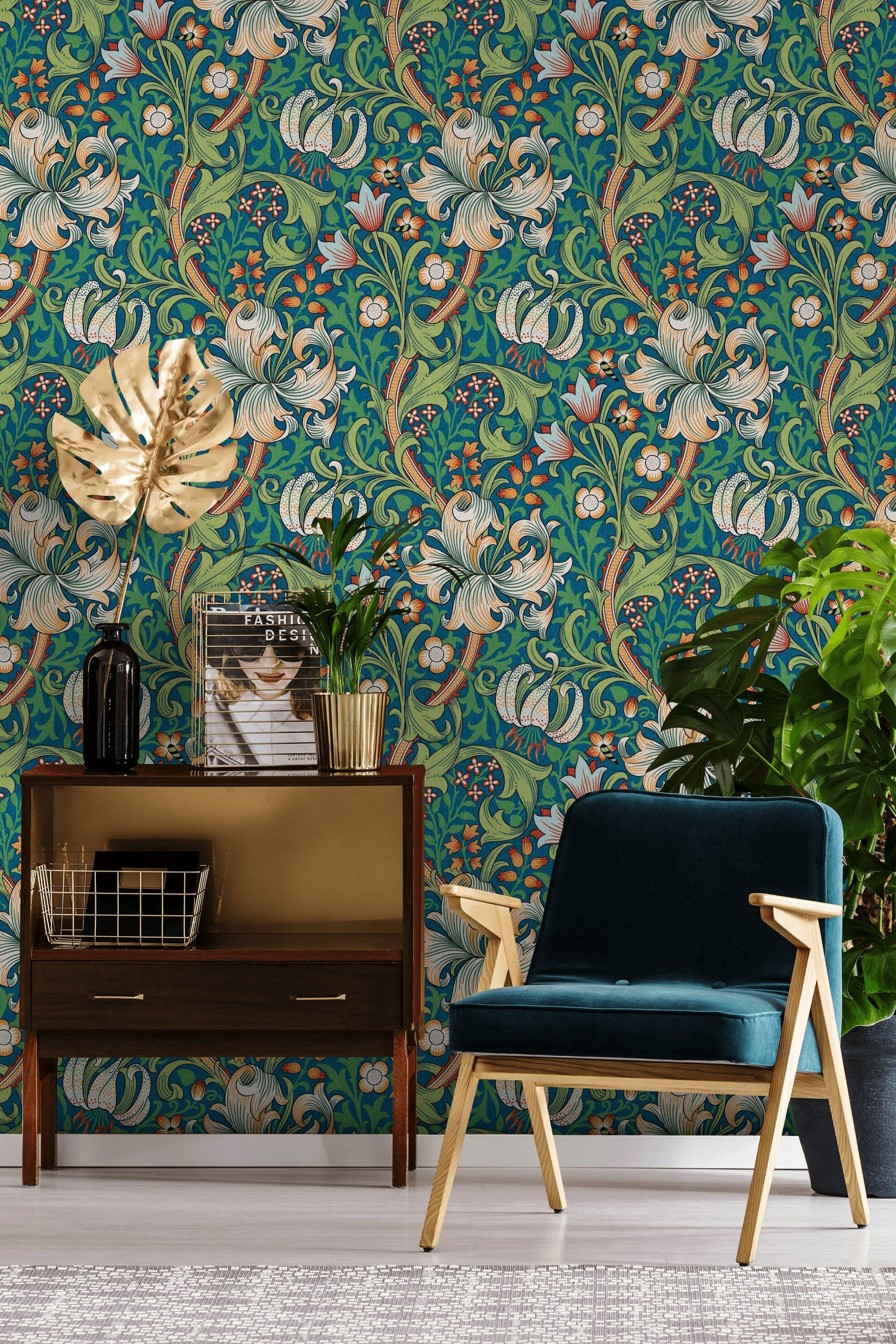Vintage Floral Wallpaper Teal Green Botanical Pattern Wall Mural