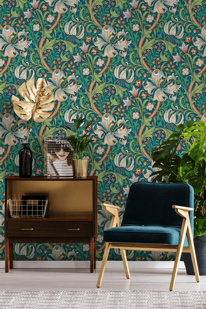Vintage Floral Wallpaper Teal Green Botanical Pattern Wall Mural
