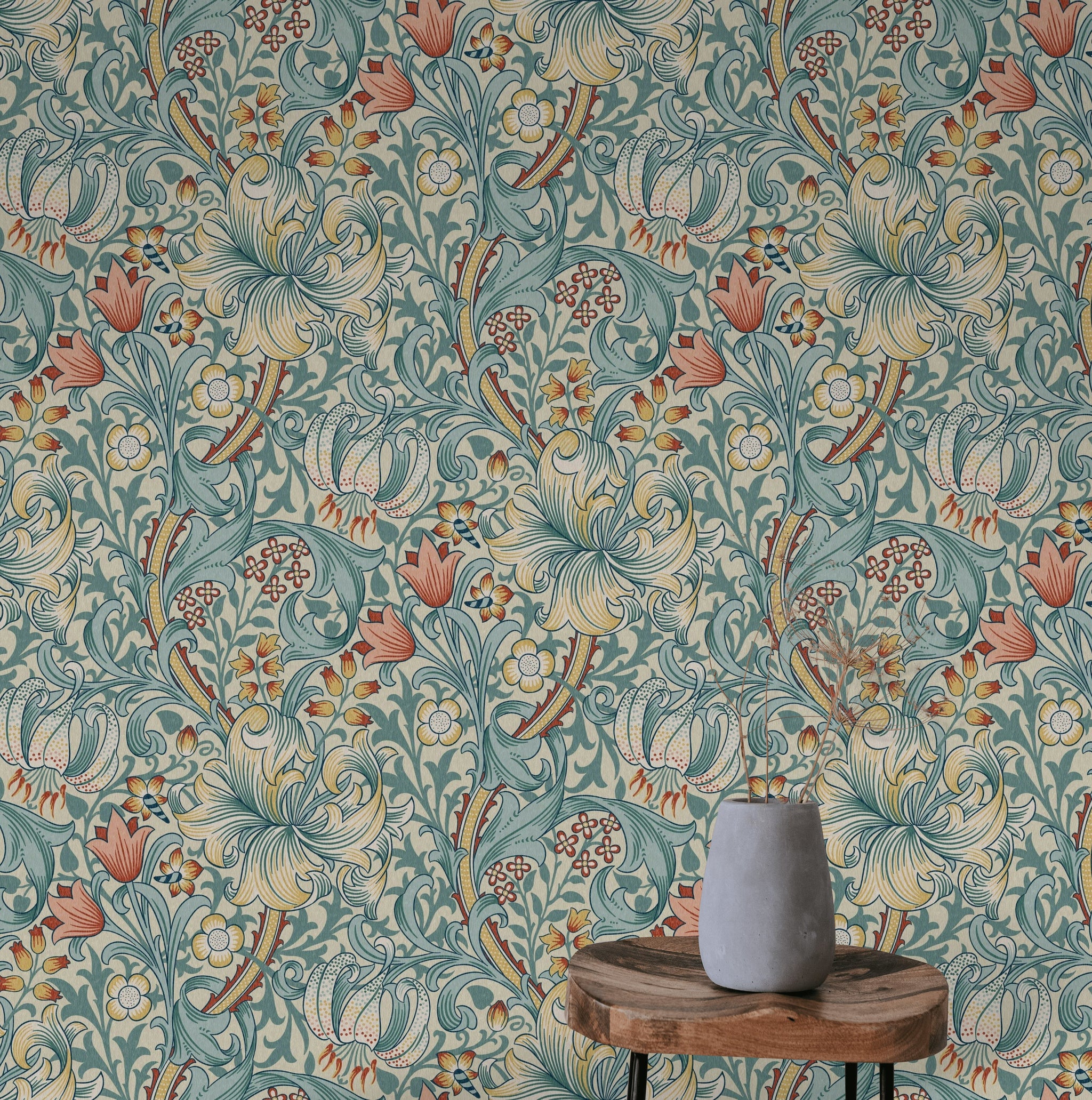 Vintage Floral Wallpaper Teal Scrollwork Pattern Wall Mural