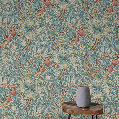 Vintage Floral Wallpaper Teal Scrollwork Pattern Wall Mural