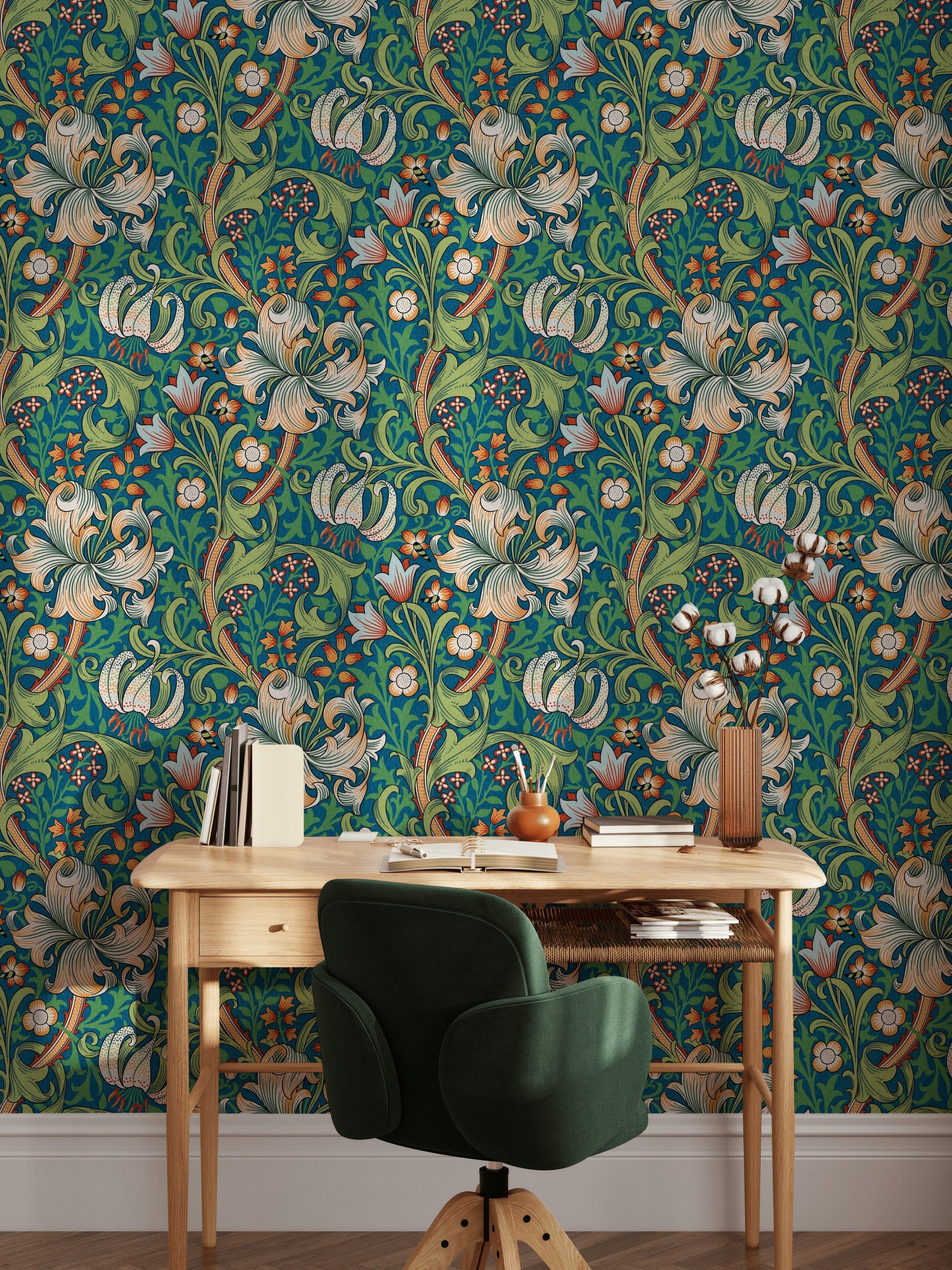 Vintage Floral Wallpaper Teal Green Botanical Pattern Wall Mural