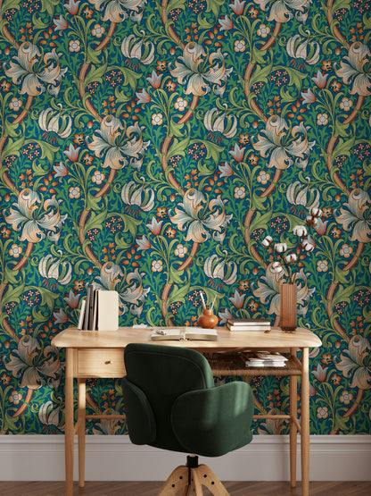 Vintage Floral Wallpaper Teal Green Botanical Pattern Wall Mural