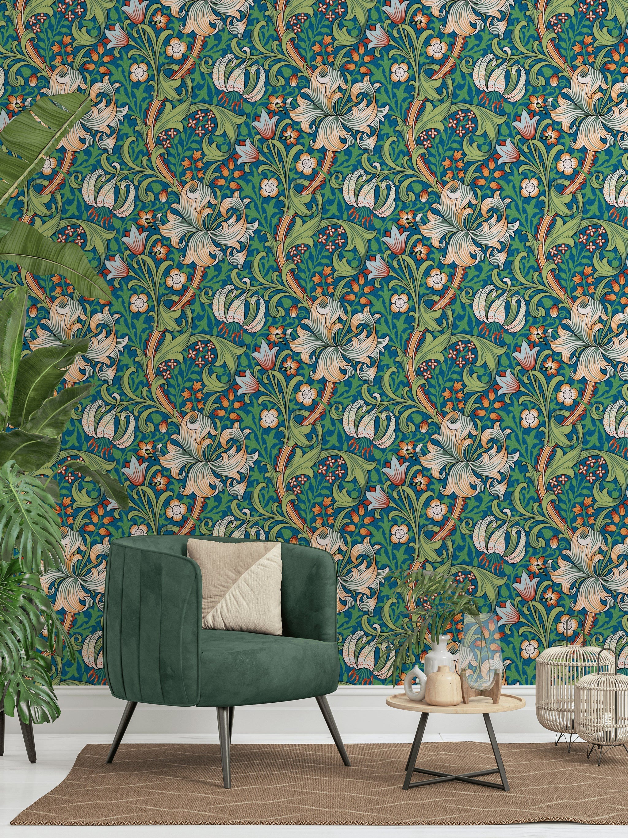Vintage Floral Wallpaper Teal Green Botanical Pattern Wall Mural