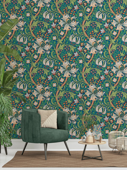 Vintage Floral Wallpaper Teal Green Botanical Pattern Wall Mural