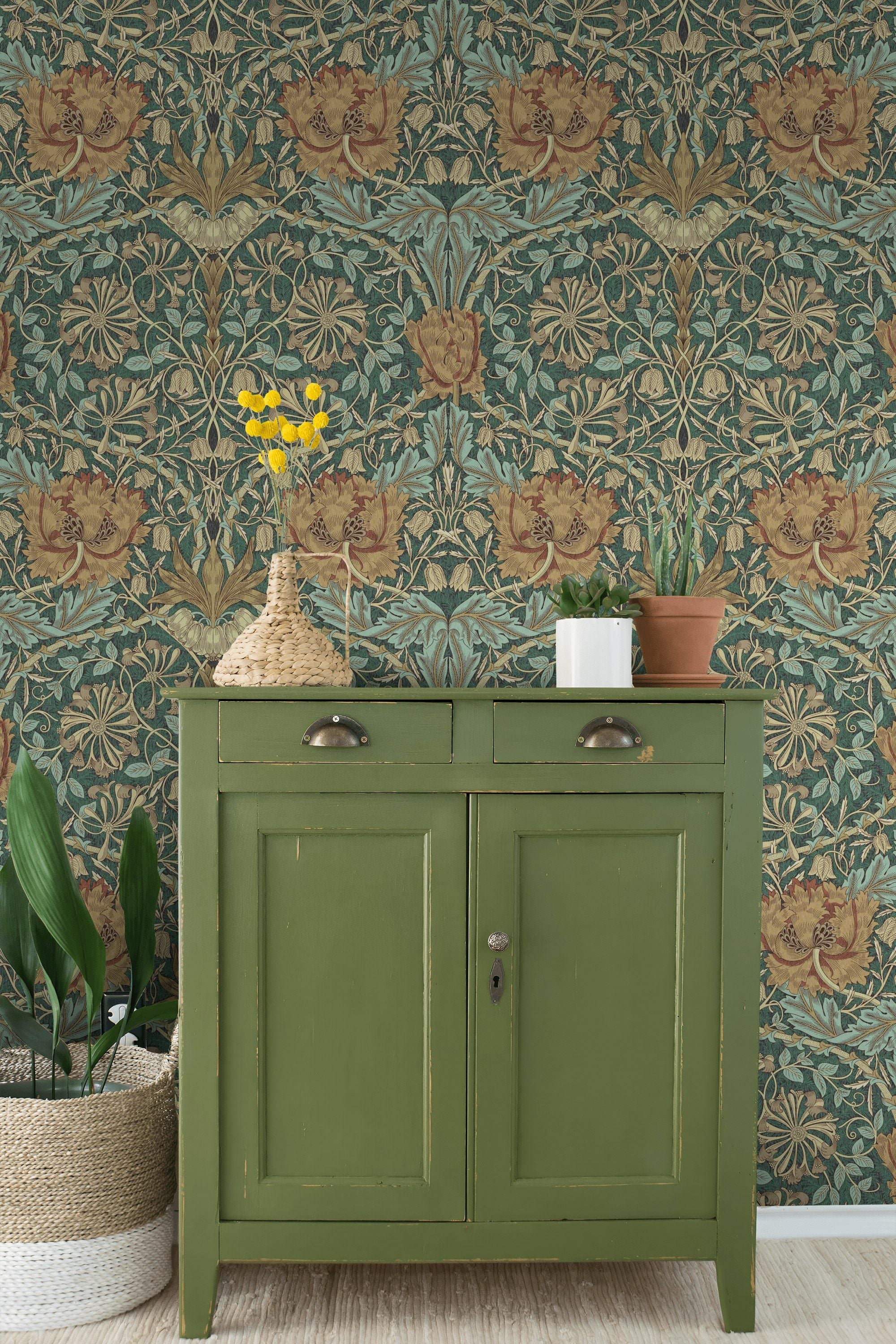 Vintage Floral Wallpaper Teal Botanical Pattern Wall Mural