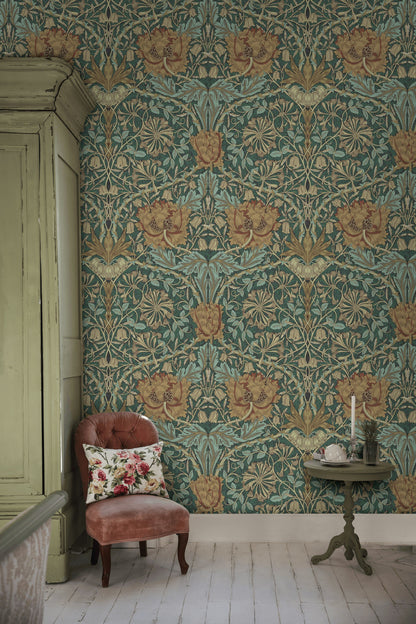 Vintage Floral Wallpaper Teal Botanical Pattern Wall Mural