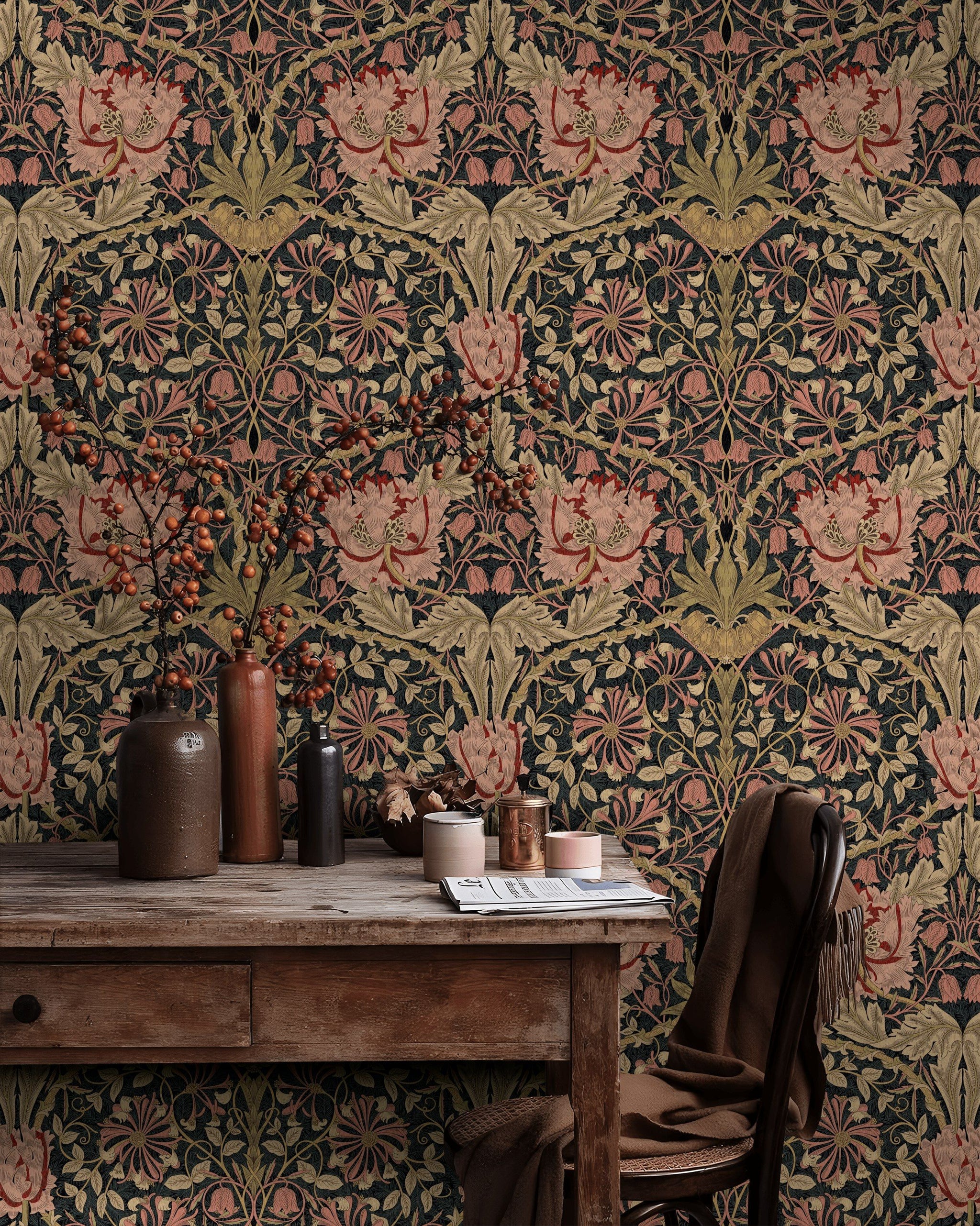Vintage Floral Wallpaper Dark Botanical Pattern Wall Mural