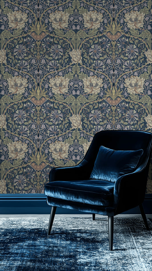 Vintage Floral Wallpaper Dark Blue Botanical Wall Mural