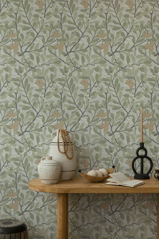 Pear Branch Wallpaper Sage Green Botanical Wall Mural