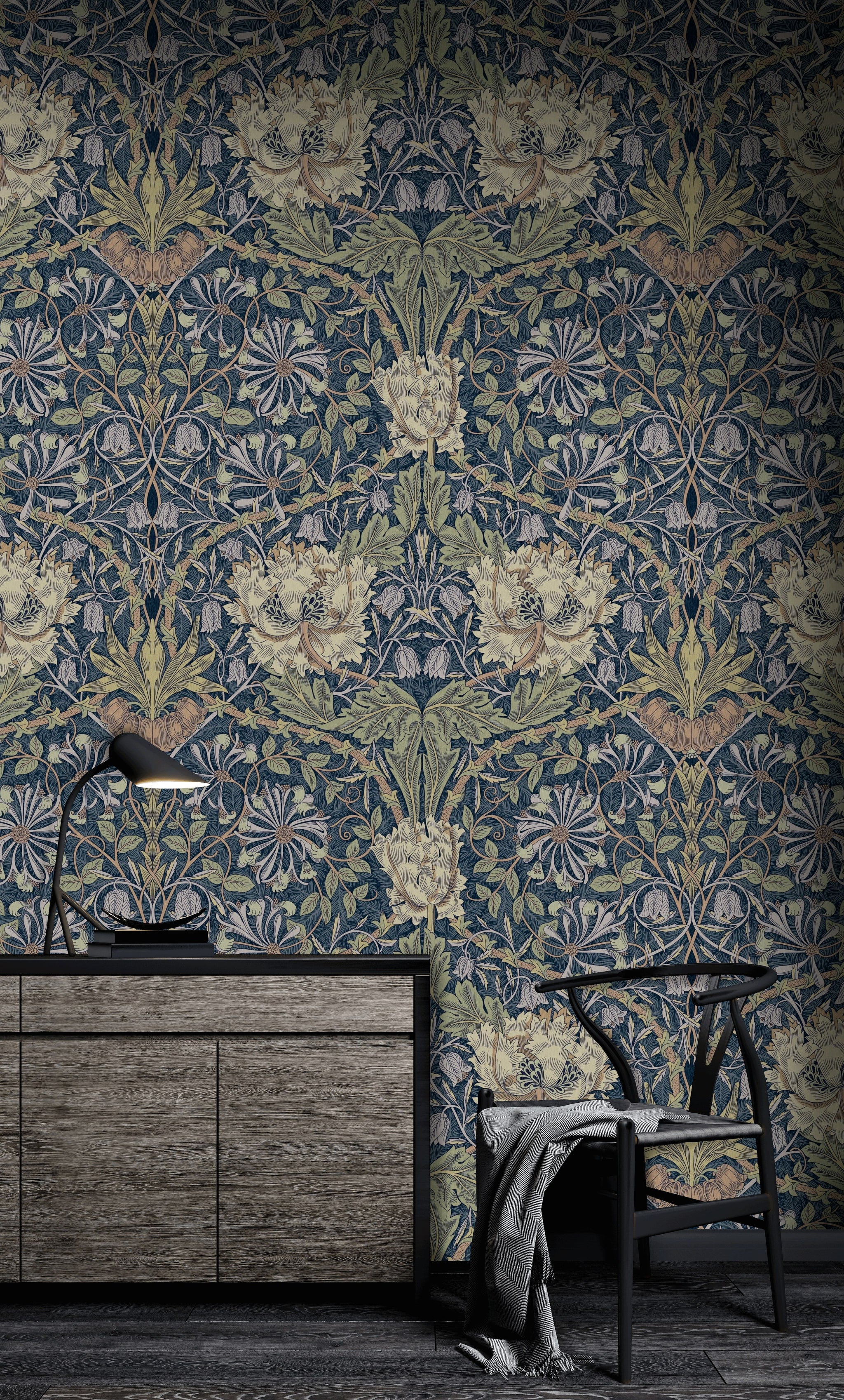 Vintage Floral Wallpaper Dark Blue Botanical Wall Mural
