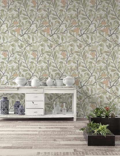 Pear Branch Wallpaper Sage Green Botanical Wall Mural
