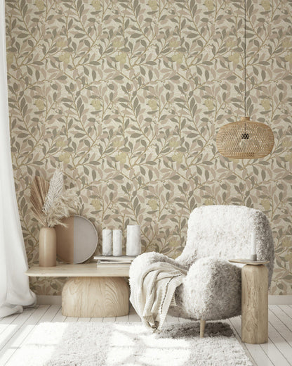 Botanical Leaf Wallpaper Neutral Branch Pattern Wall Mural