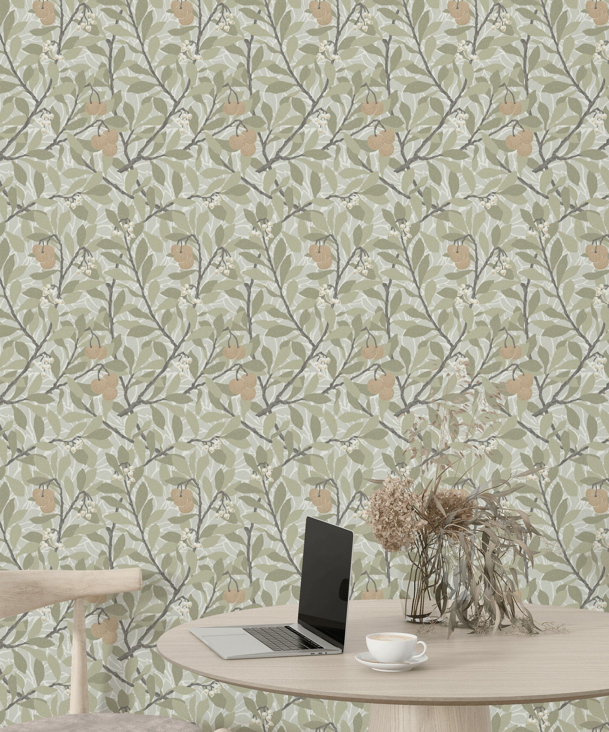 Pear Branch Wallpaper Sage Green Botanical Wall Mural