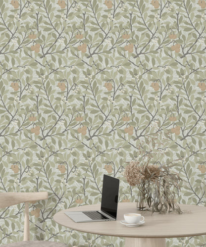 Pear Branch Wallpaper Sage Green Botanical Wall Mural
