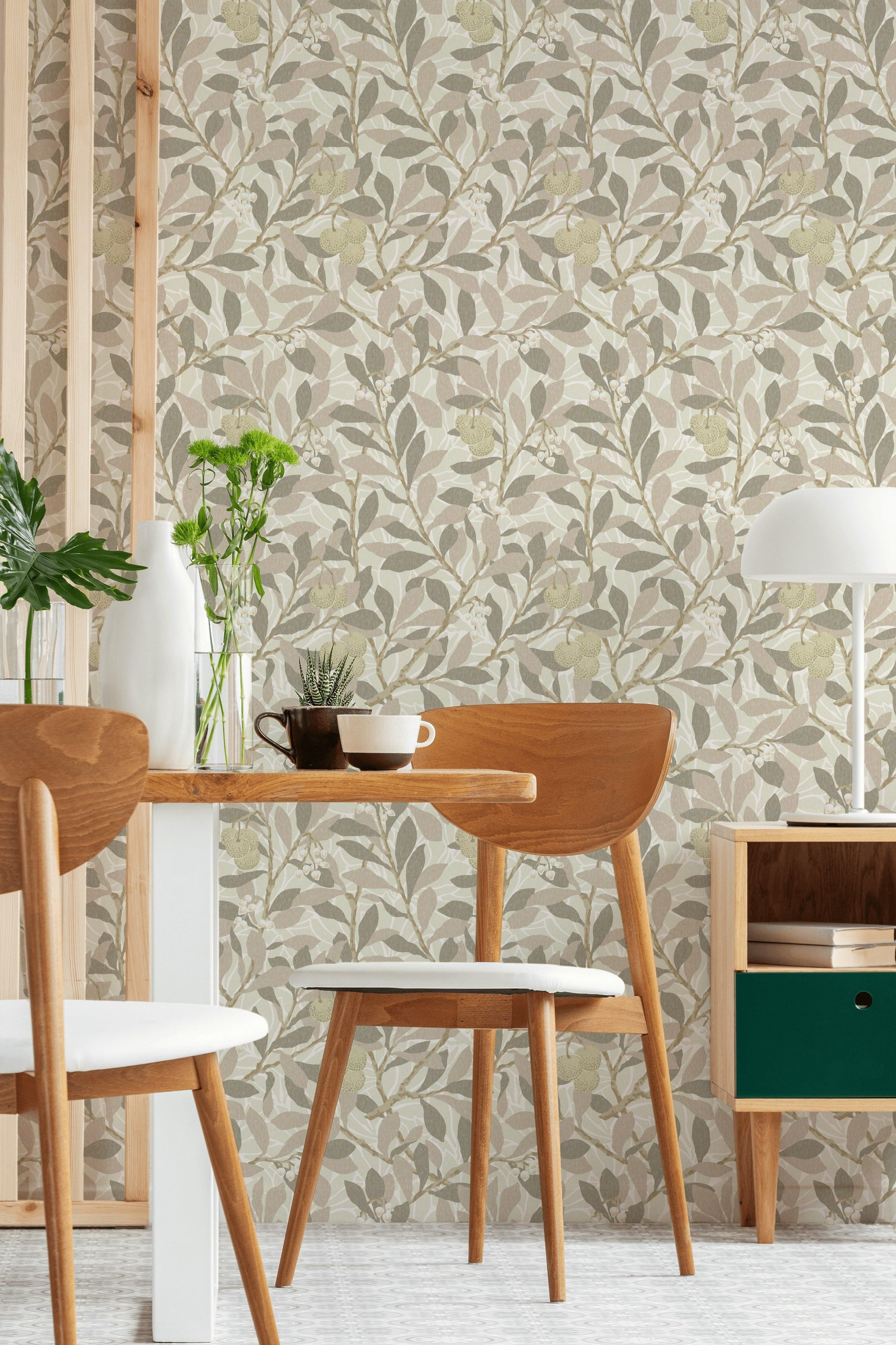Botanical Leaf Wallpaper Neutral Branch Pattern Wall Mural