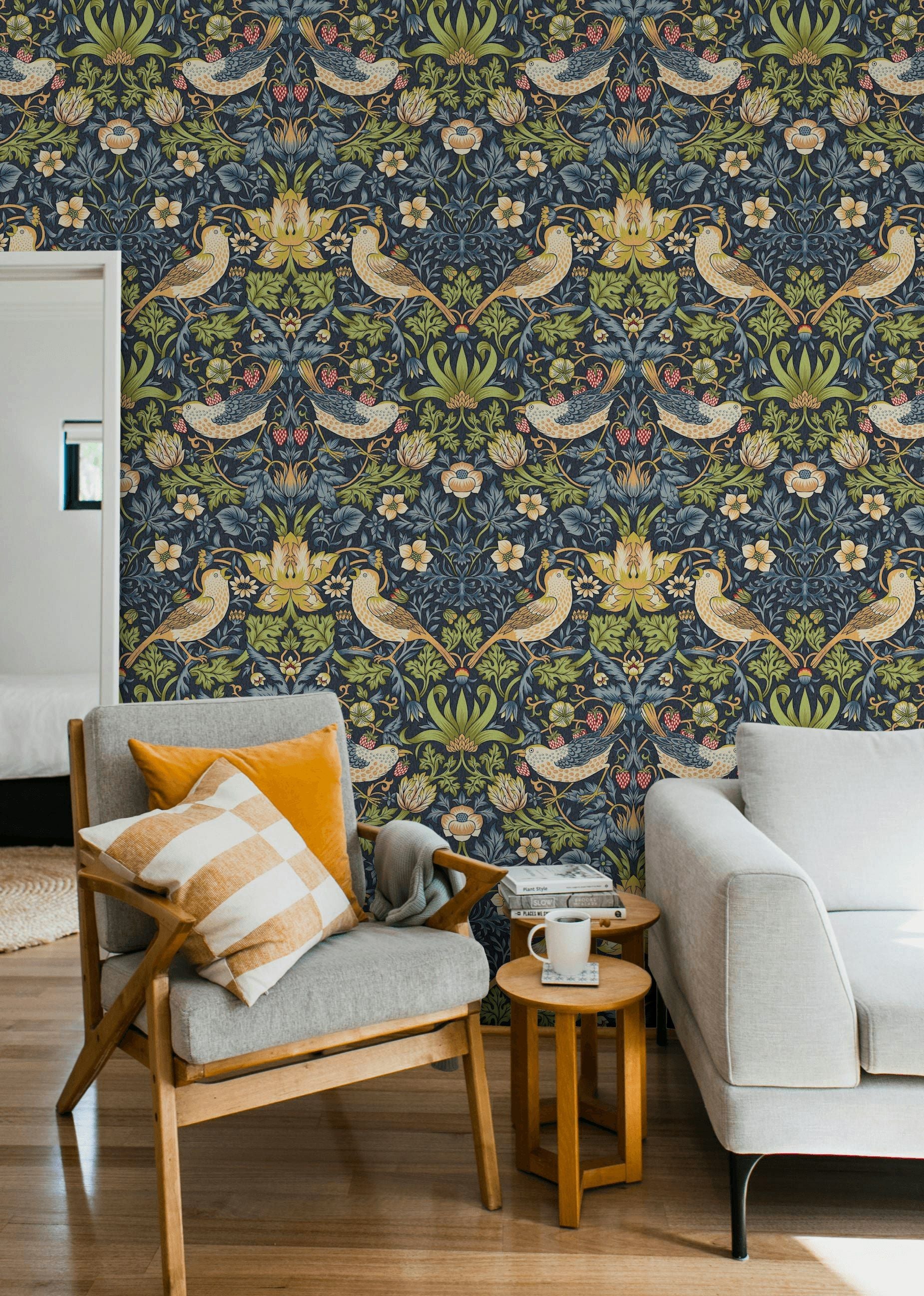 Vintage Bird Wallpaper Dark Blue Floral Pattern Wall Mural