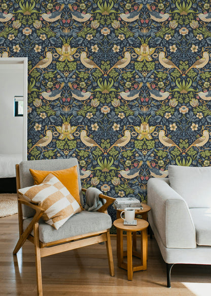 Vintage Bird Wallpaper Dark Blue Floral Pattern Wall Mural