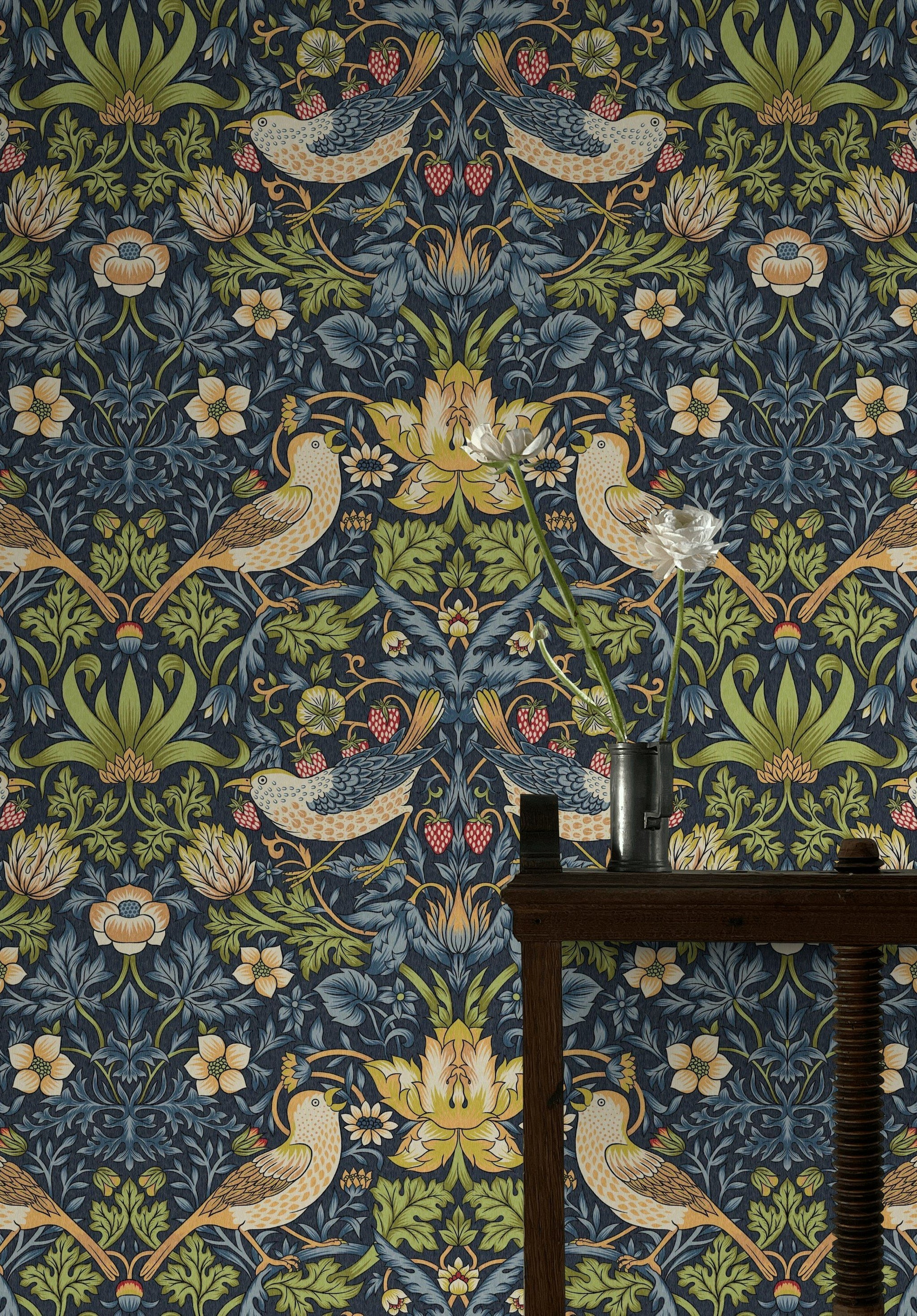 Vintage Bird Wallpaper Dark Blue Floral Pattern Wall Mural