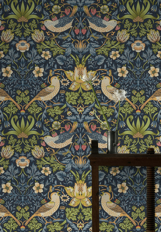 Vintage Bird Wallpaper Dark Blue Floral Pattern Wall Mural