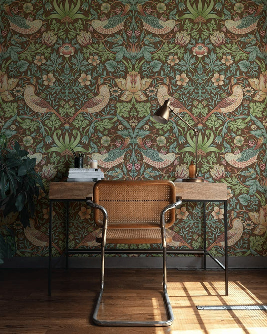Vintage Bird and Floral Wallpaper Dark Green Wall Mural
