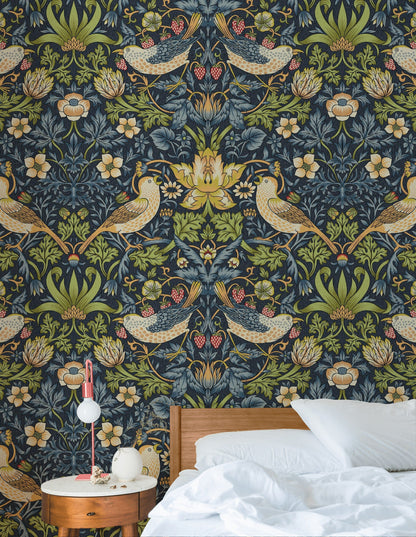 Vintage Bird Wallpaper Dark Blue Floral Pattern Wall Mural