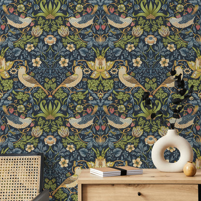 Vintage Bird Wallpaper Dark Blue Floral Pattern Wall Mural