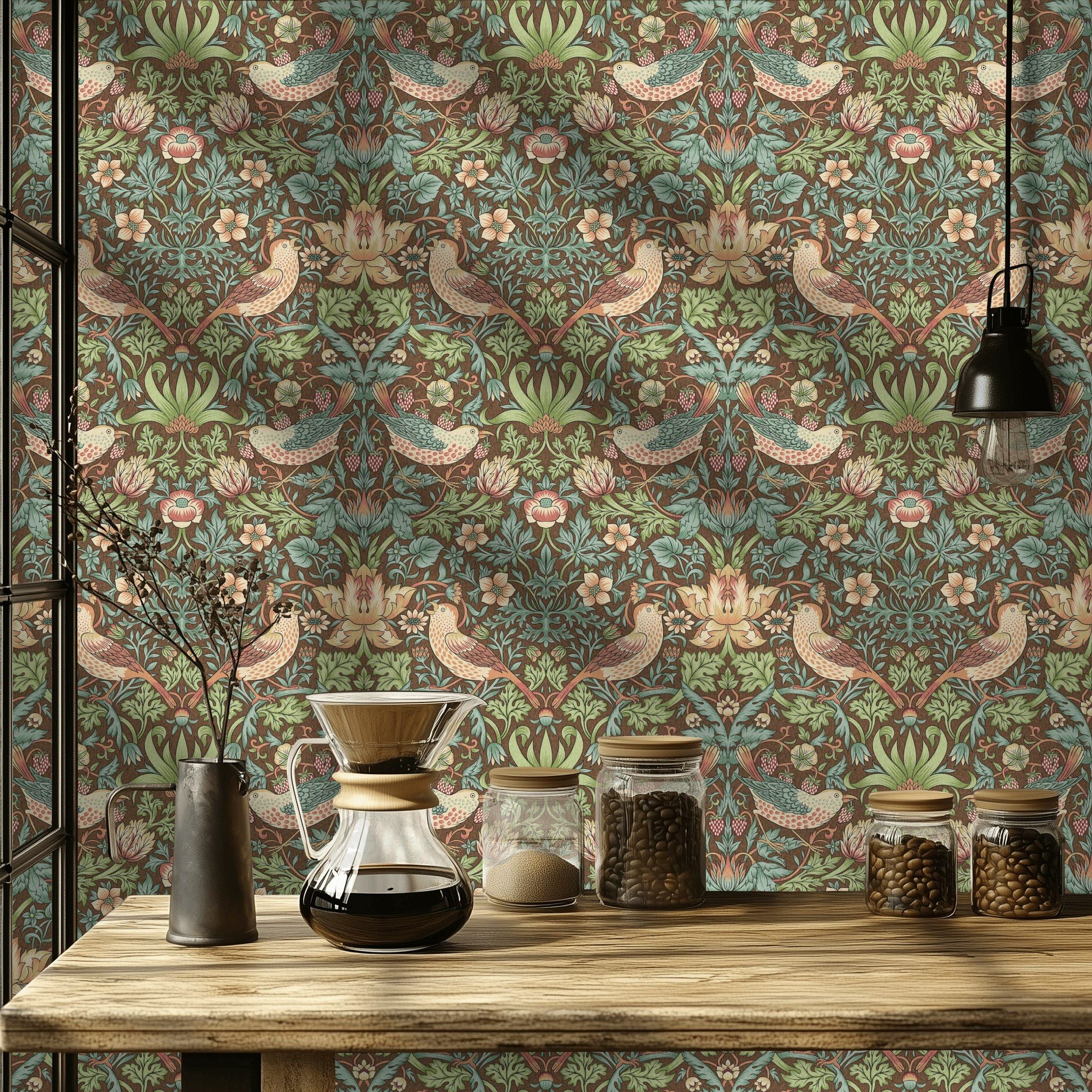 Vintage Bird and Floral Wallpaper Dark Green Wall Mural