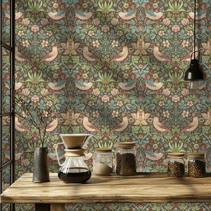 Vintage Bird and Floral Wallpaper Dark Green Wall Mural