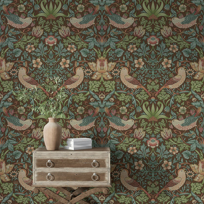 Vintage Bird and Floral Wallpaper Dark Green Wall Mural