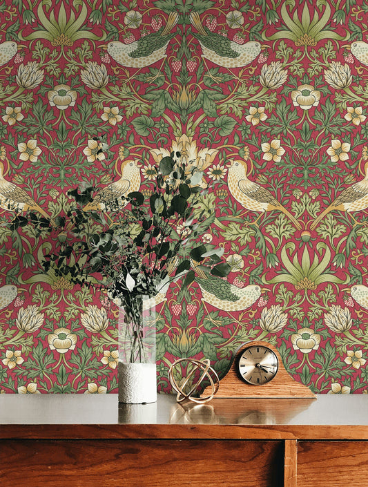 Vintage Bird Floral Wallpaper Red Botanical Pattern Wall Mural
