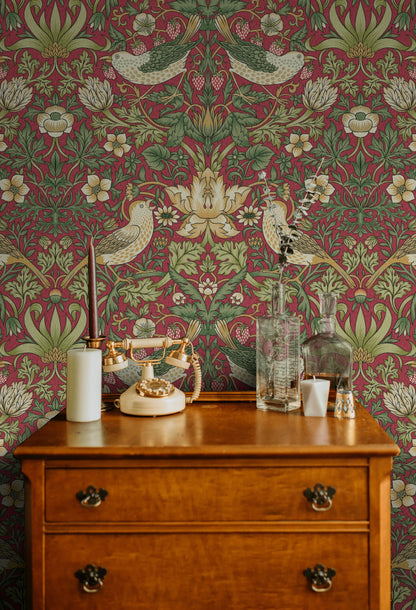 Vintage Bird Floral Wallpaper Red Botanical Pattern Wall Mural