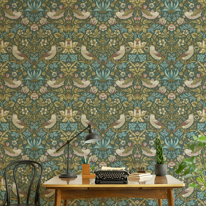 Bird and Floral Wallpaper Vintage Teal Garden Wall Mural