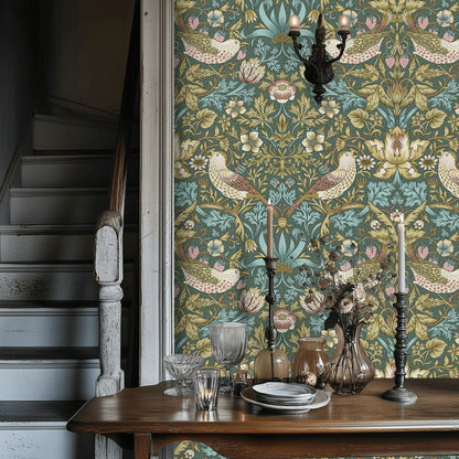 Bird and Floral Wallpaper Vintage Teal Garden Wall Mural