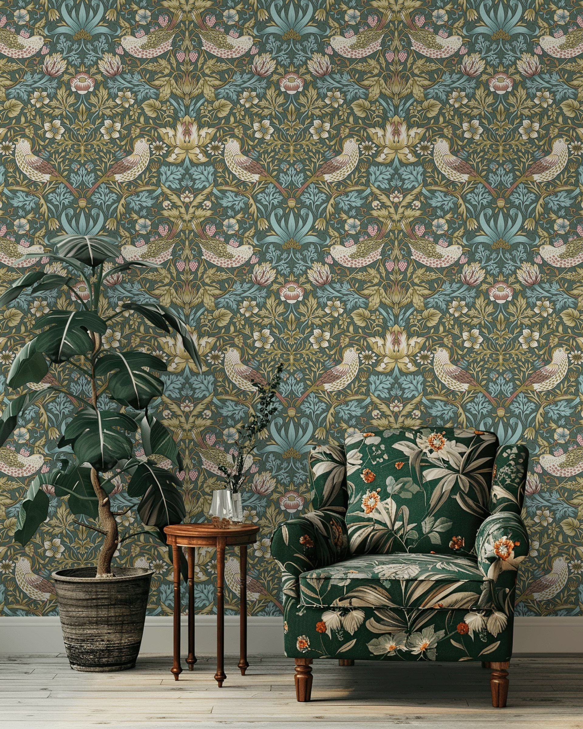 Bird and Floral Wallpaper Vintage Teal Garden Wall Mural