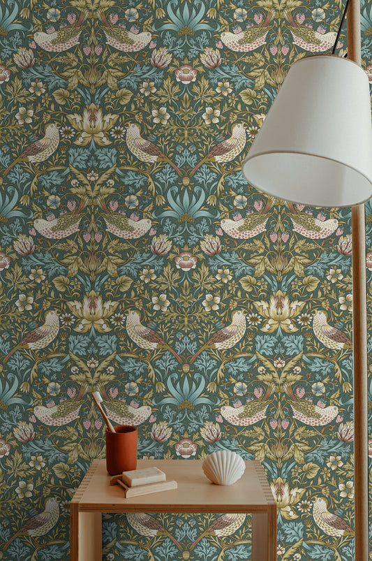 Bird and Floral Wallpaper Vintage Teal Garden Wall Mural