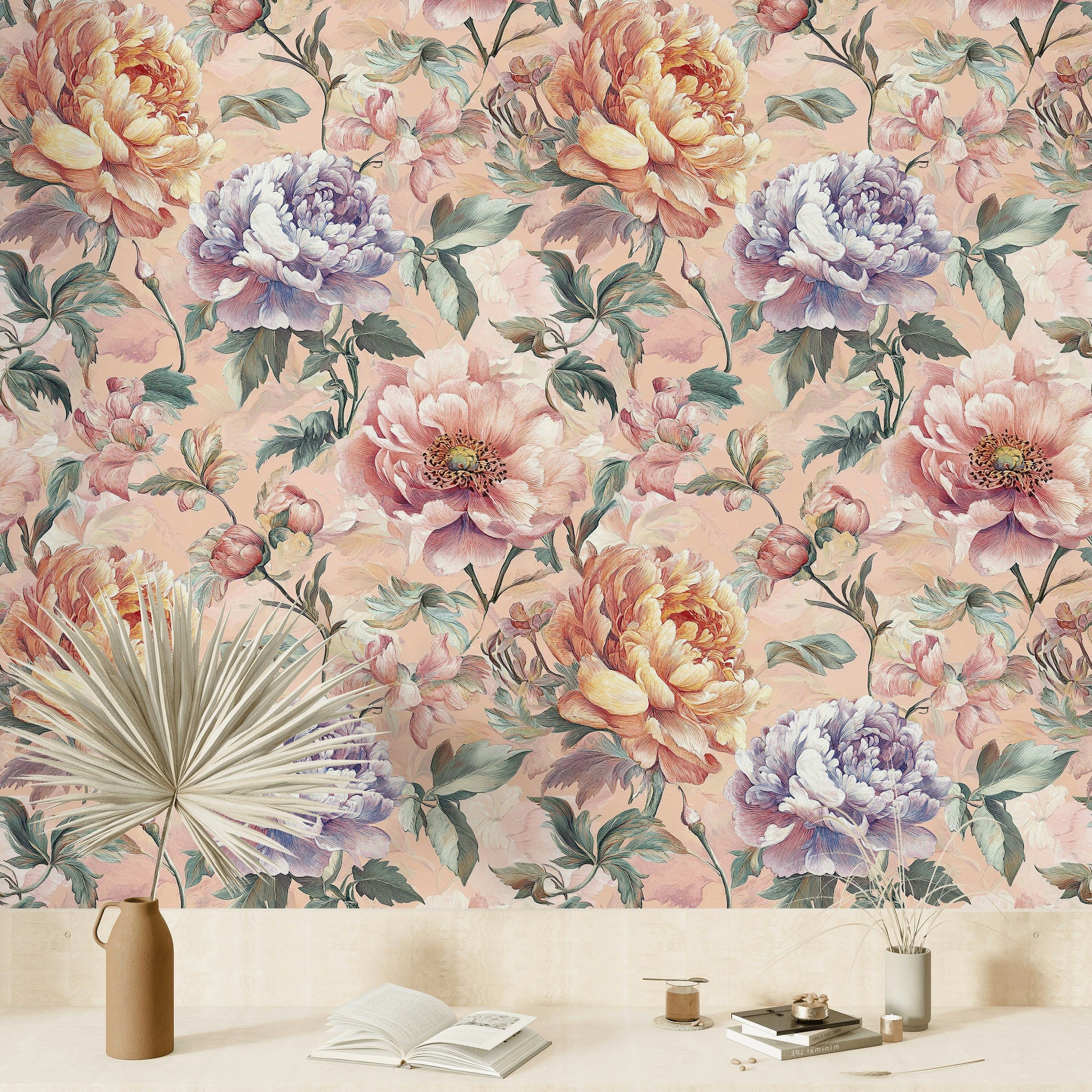 Beige and Multicolor Peony Floral Wallpaper