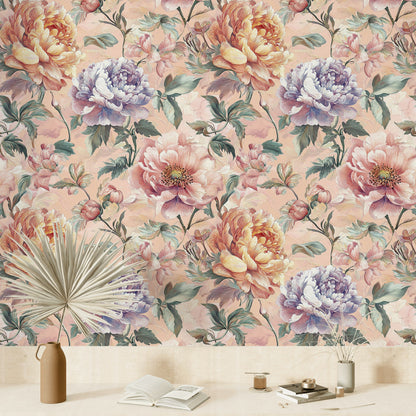 Beige and Multicolor Peony Floral Wallpaper