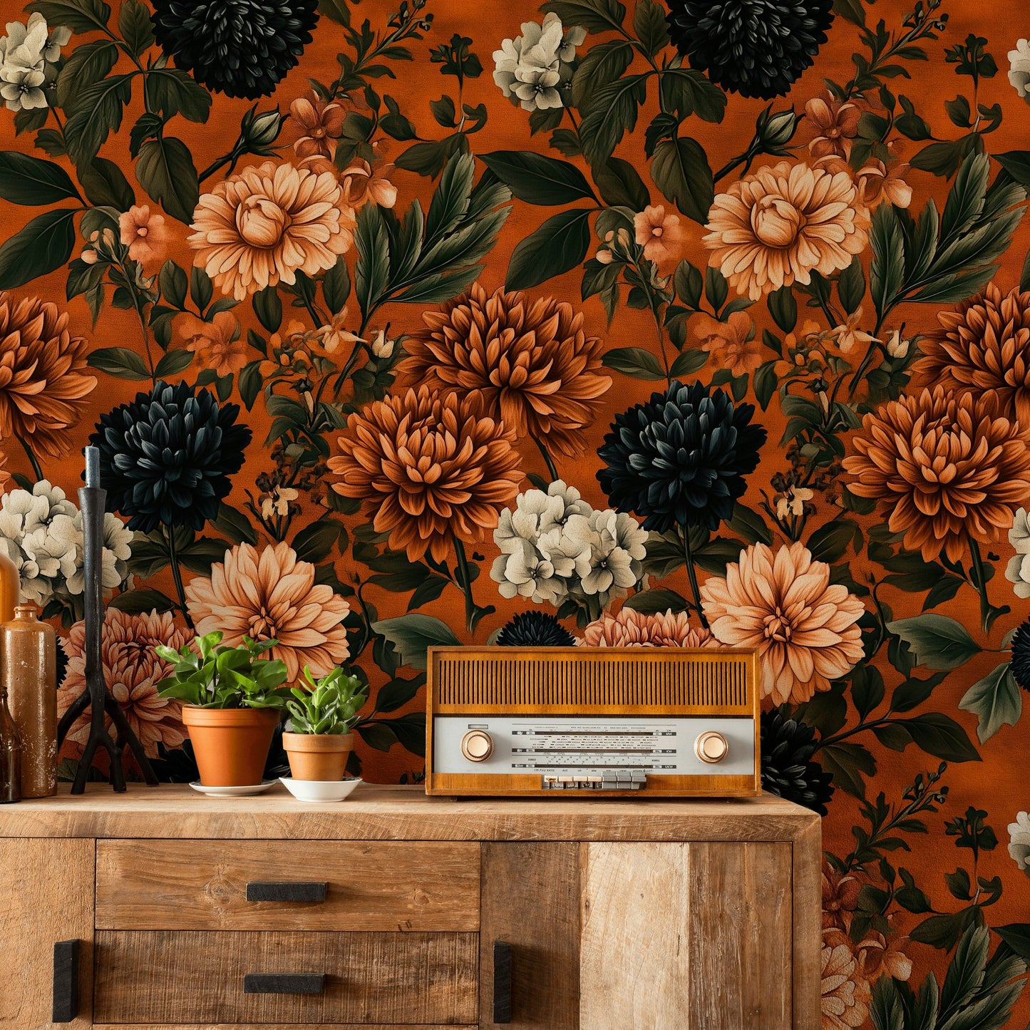 Burnt Orange Wallpaper Black Dahlia Autumn Floral Wall Mural