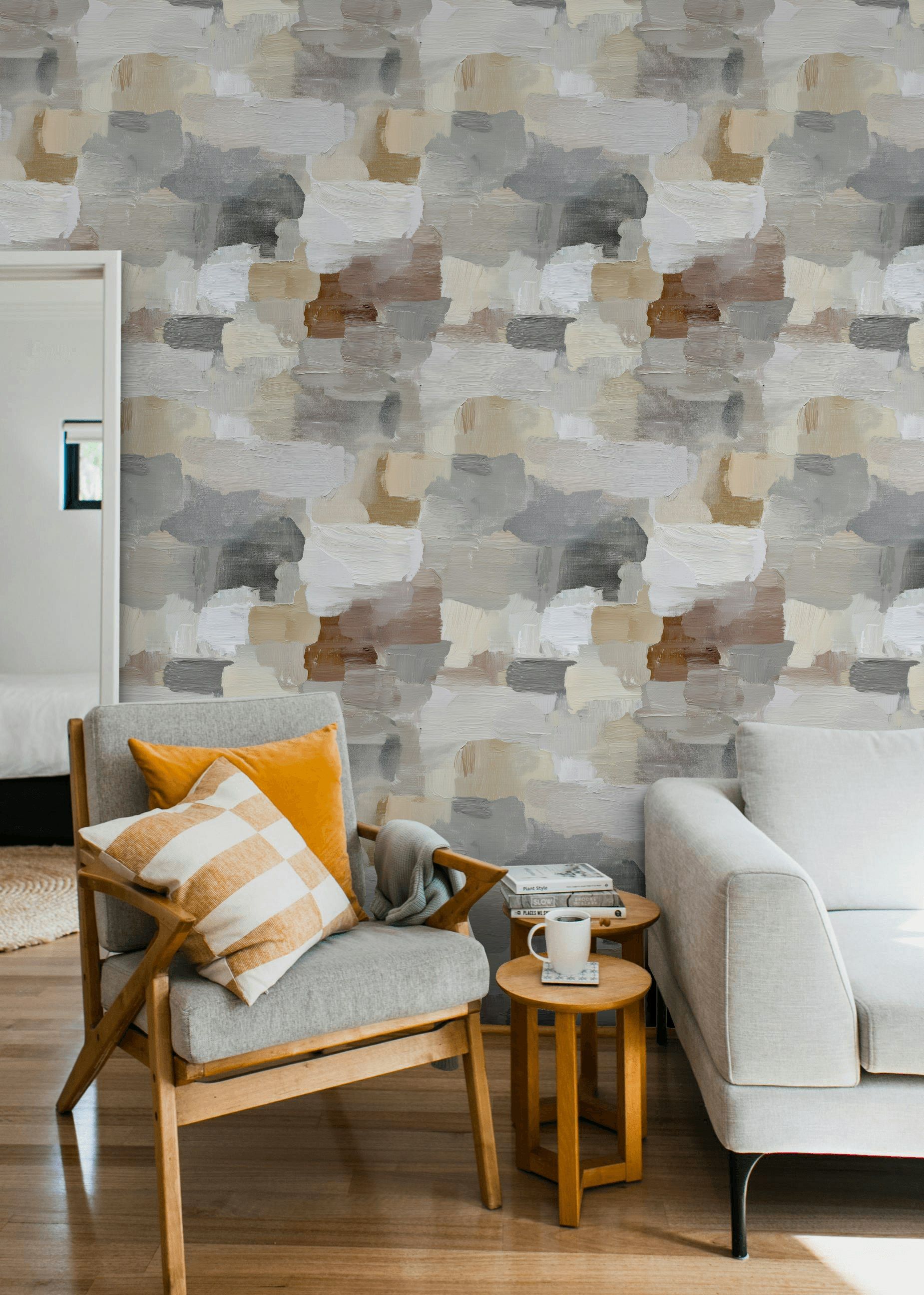 Neutral Beige and Gray Brushstroke Abstract Wallpaper
