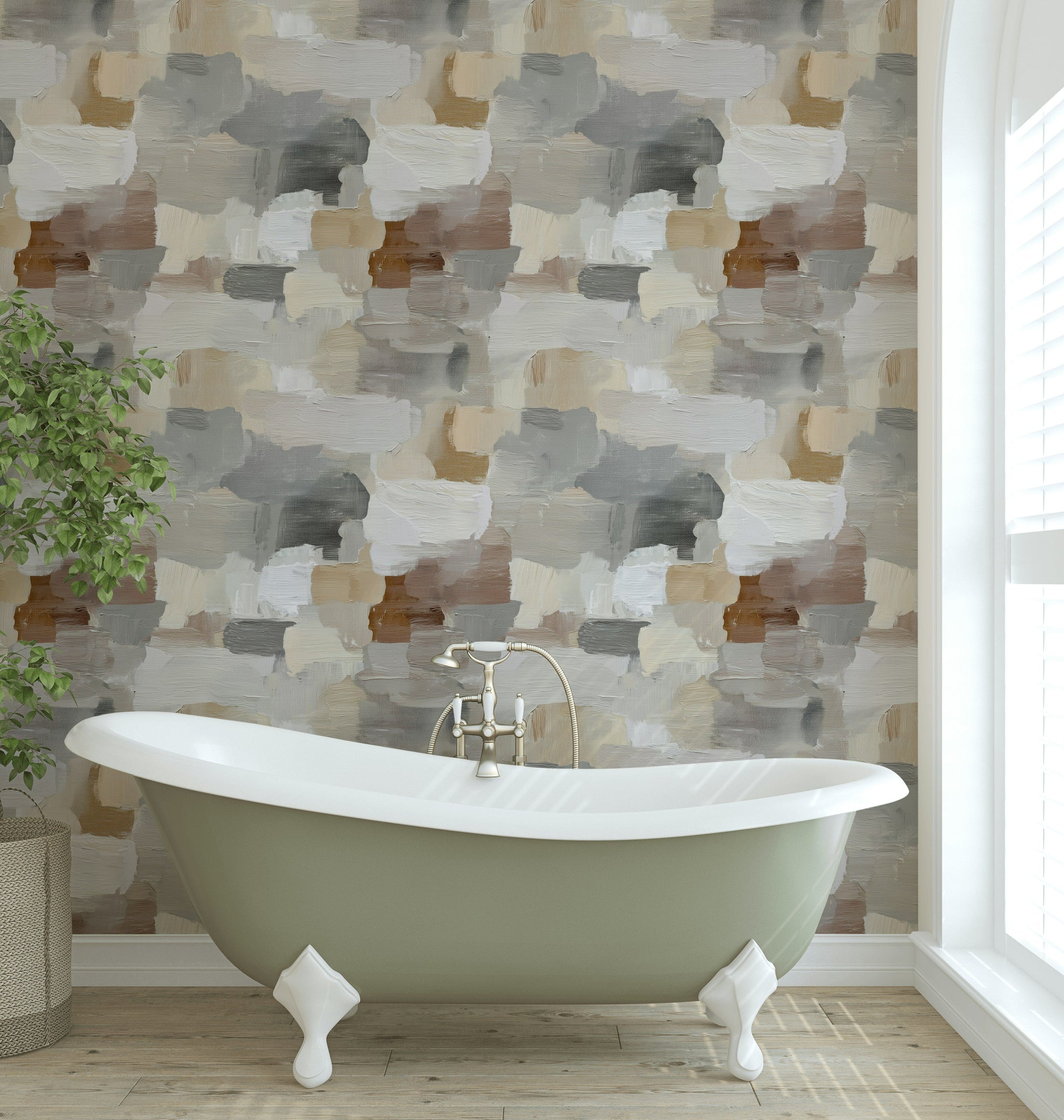Neutral Beige and Gray Brushstroke Abstract Wallpaper