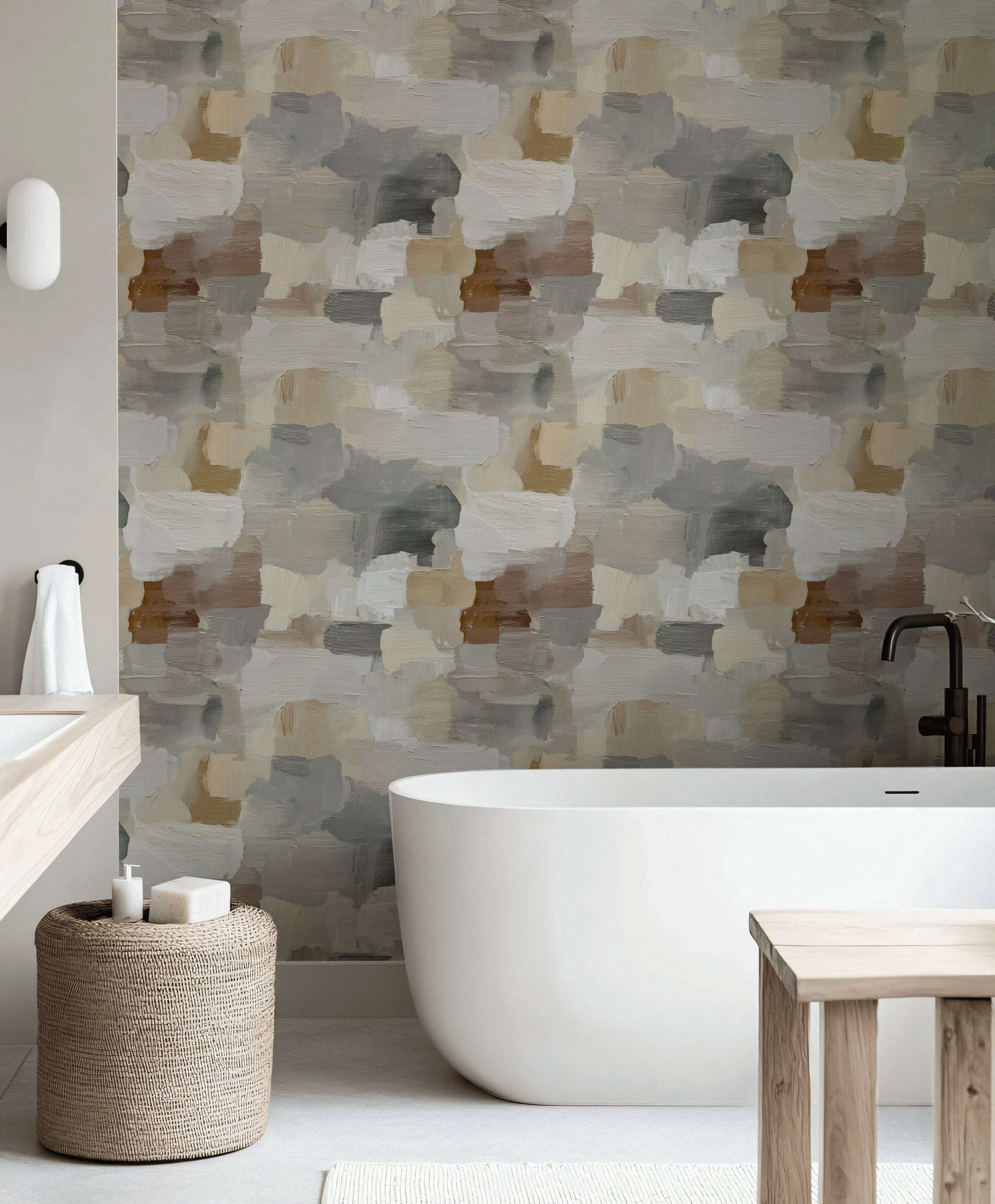 Neutral Beige and Gray Brushstroke Abstract Wallpaper