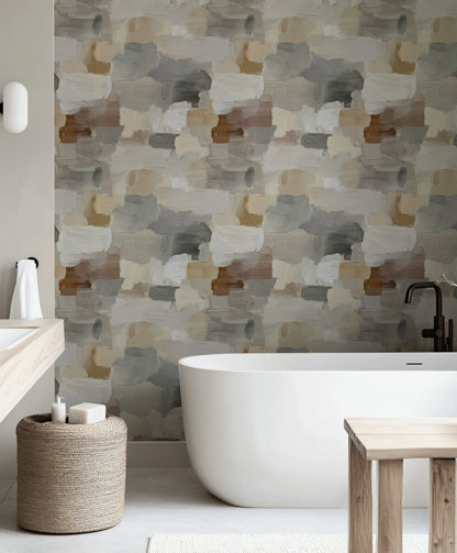 Neutral Beige and Gray Brushstroke Abstract Wallpaper