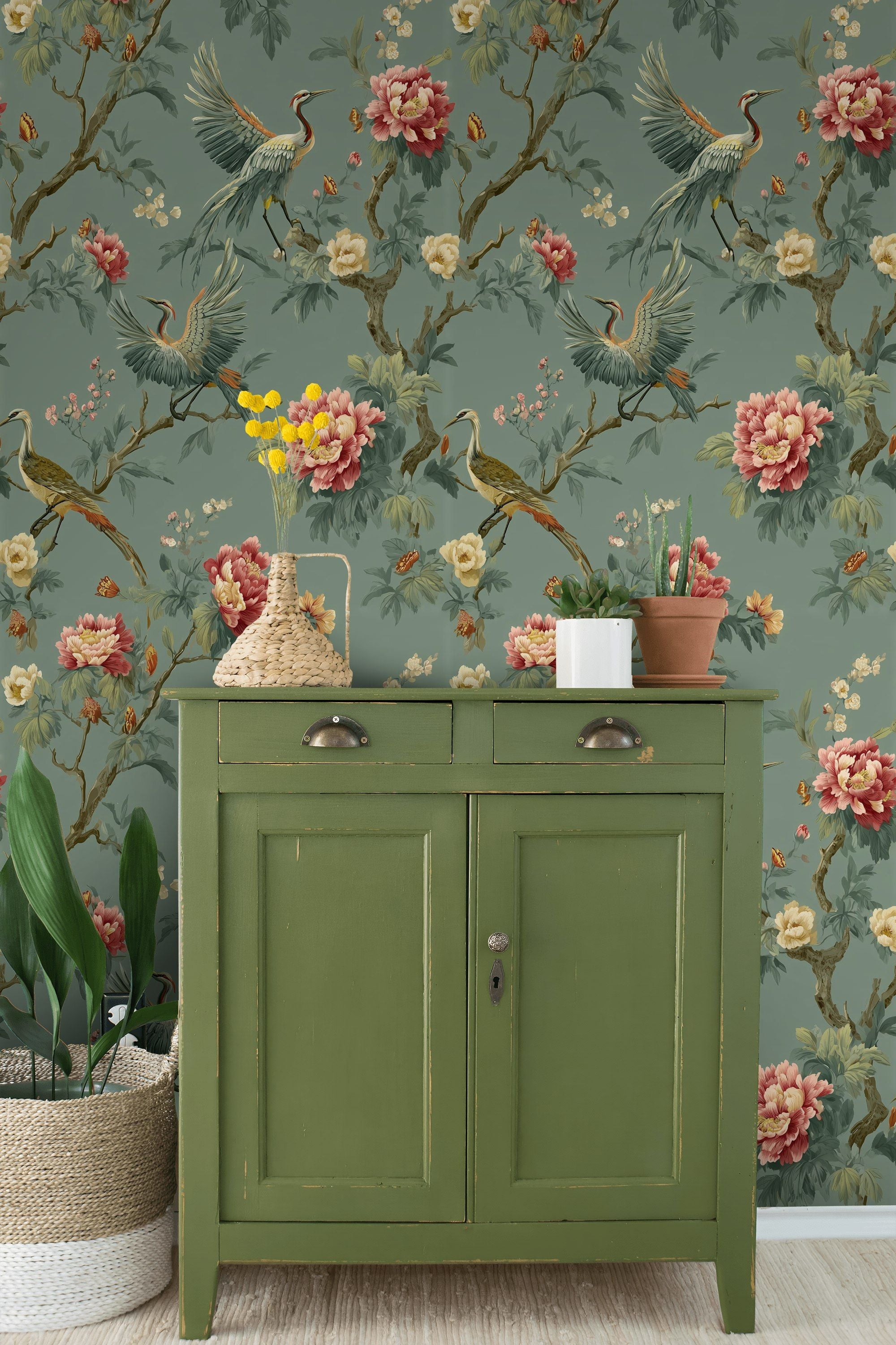 Deep Sage Green Peony and Crane Wallpaper
