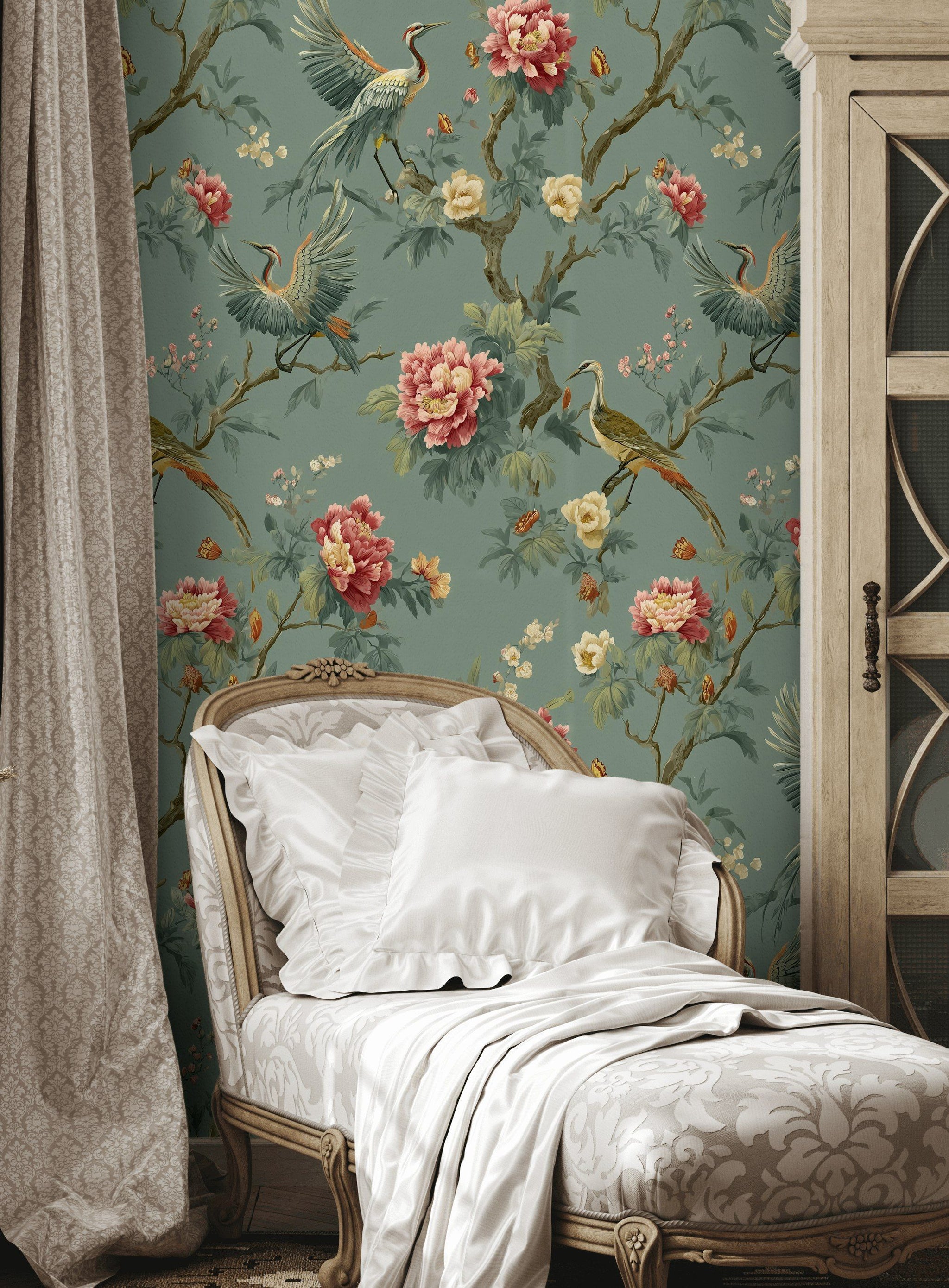 Deep Sage Green Peony and Crane Wallpaper
