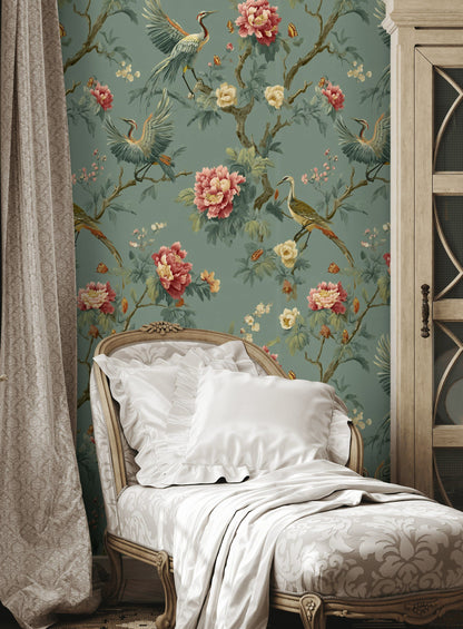 Deep Sage Green Peony and Crane Wallpaper