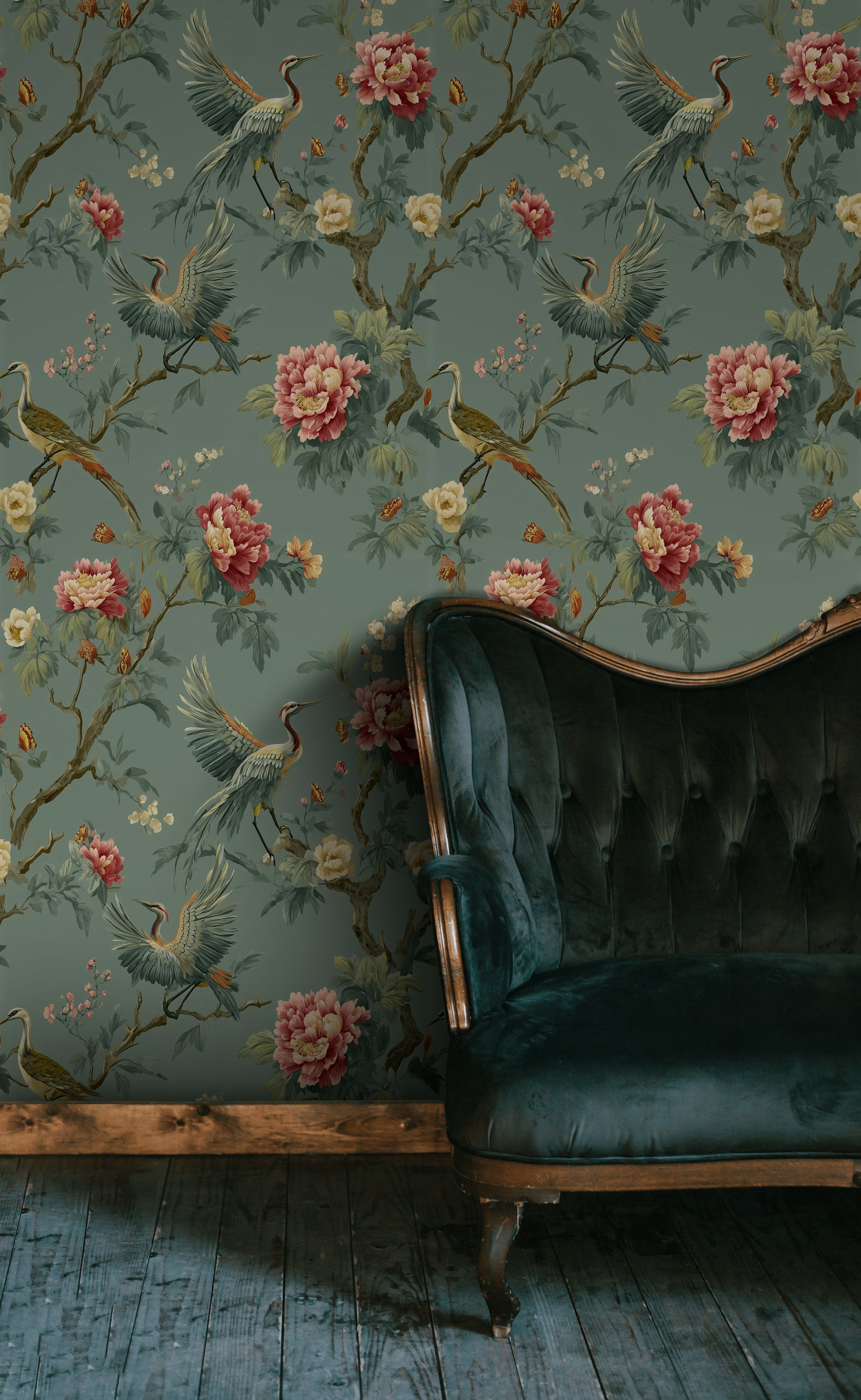 Deep Sage Green Peony and Crane Wallpaper