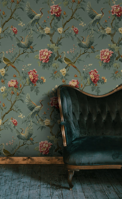 Deep Sage Green Peony and Crane Wallpaper