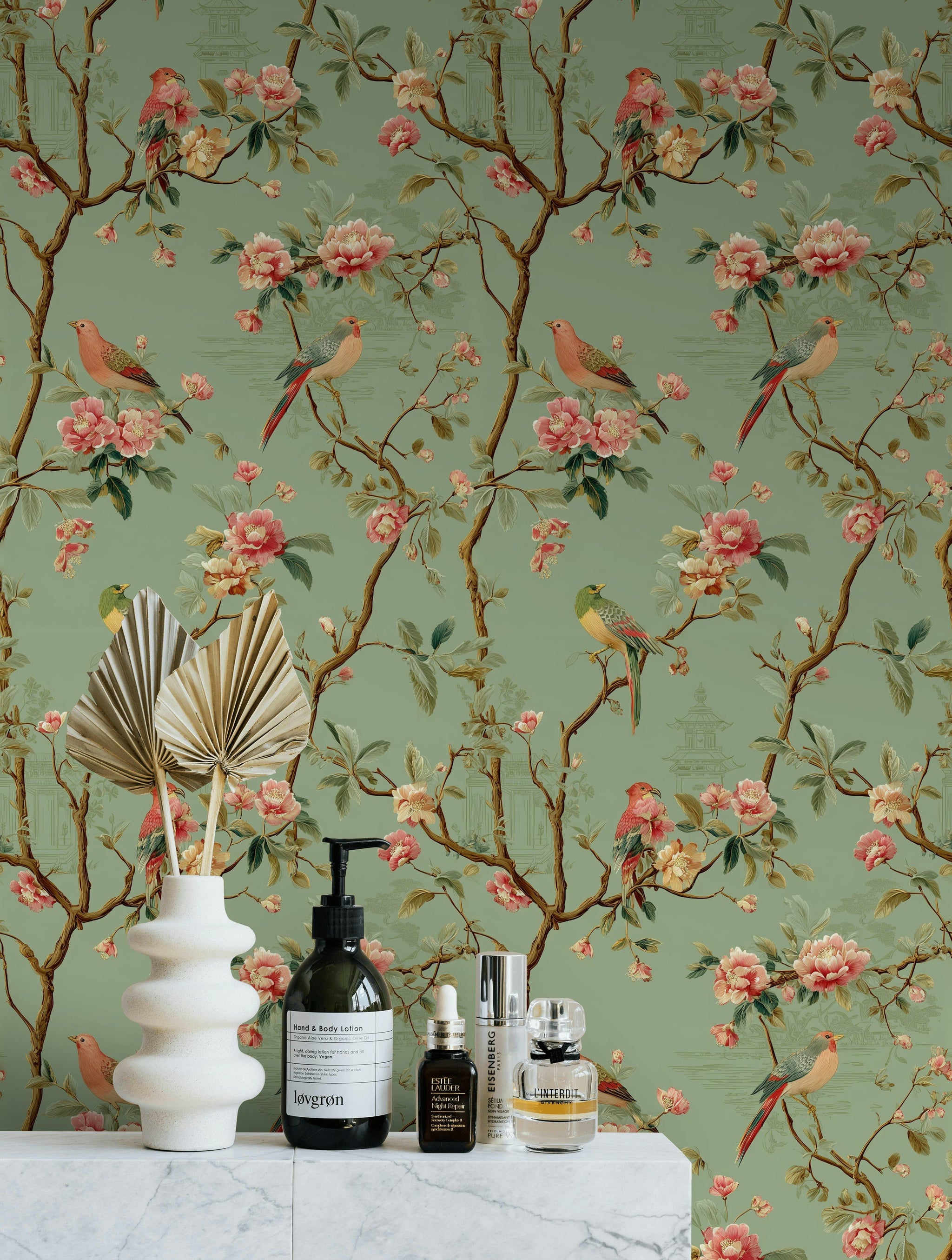 Sage Green Cherry Blossom and Bird Wallpaper