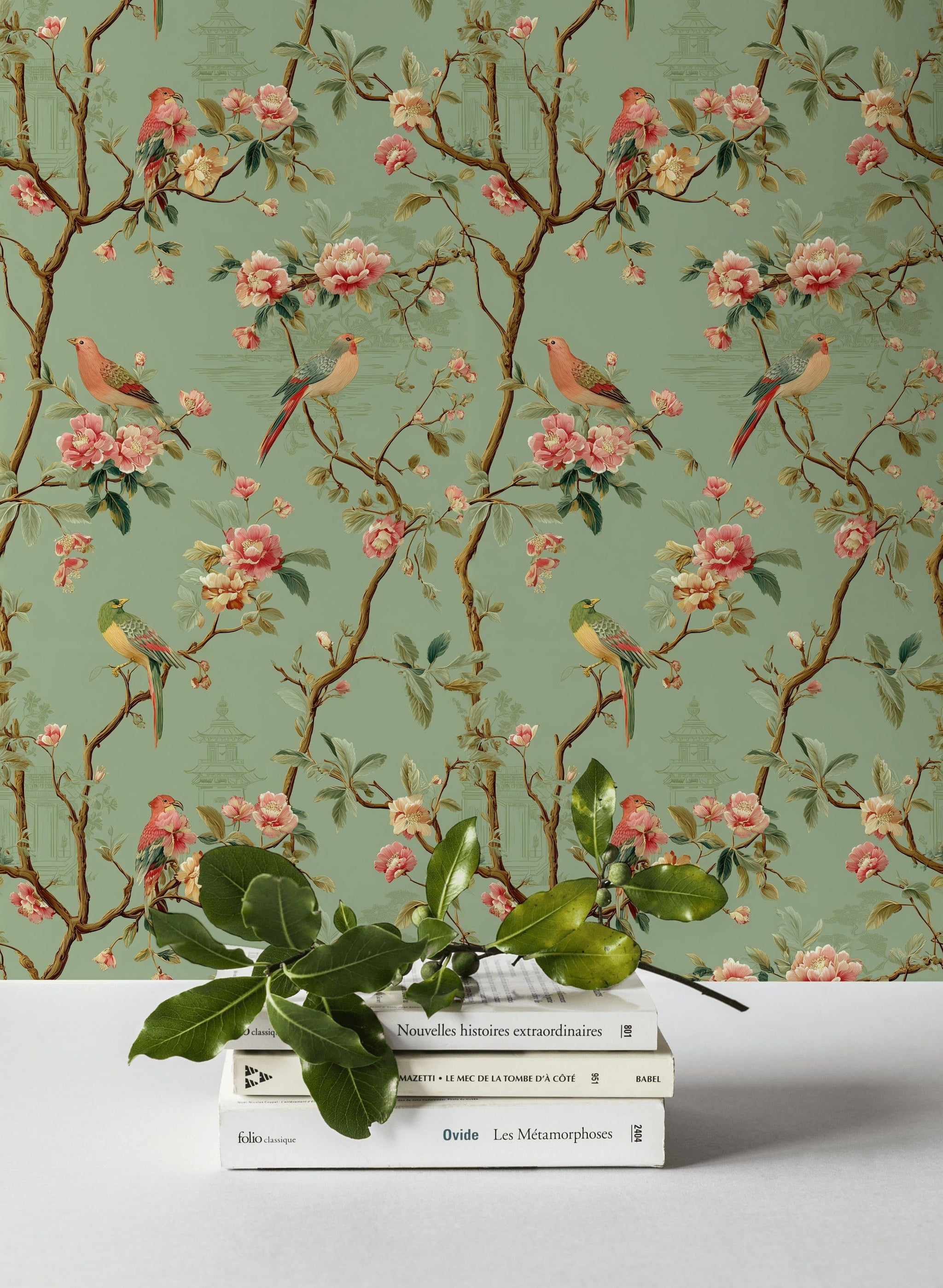 Sage Green Cherry Blossom and Bird Wallpaper